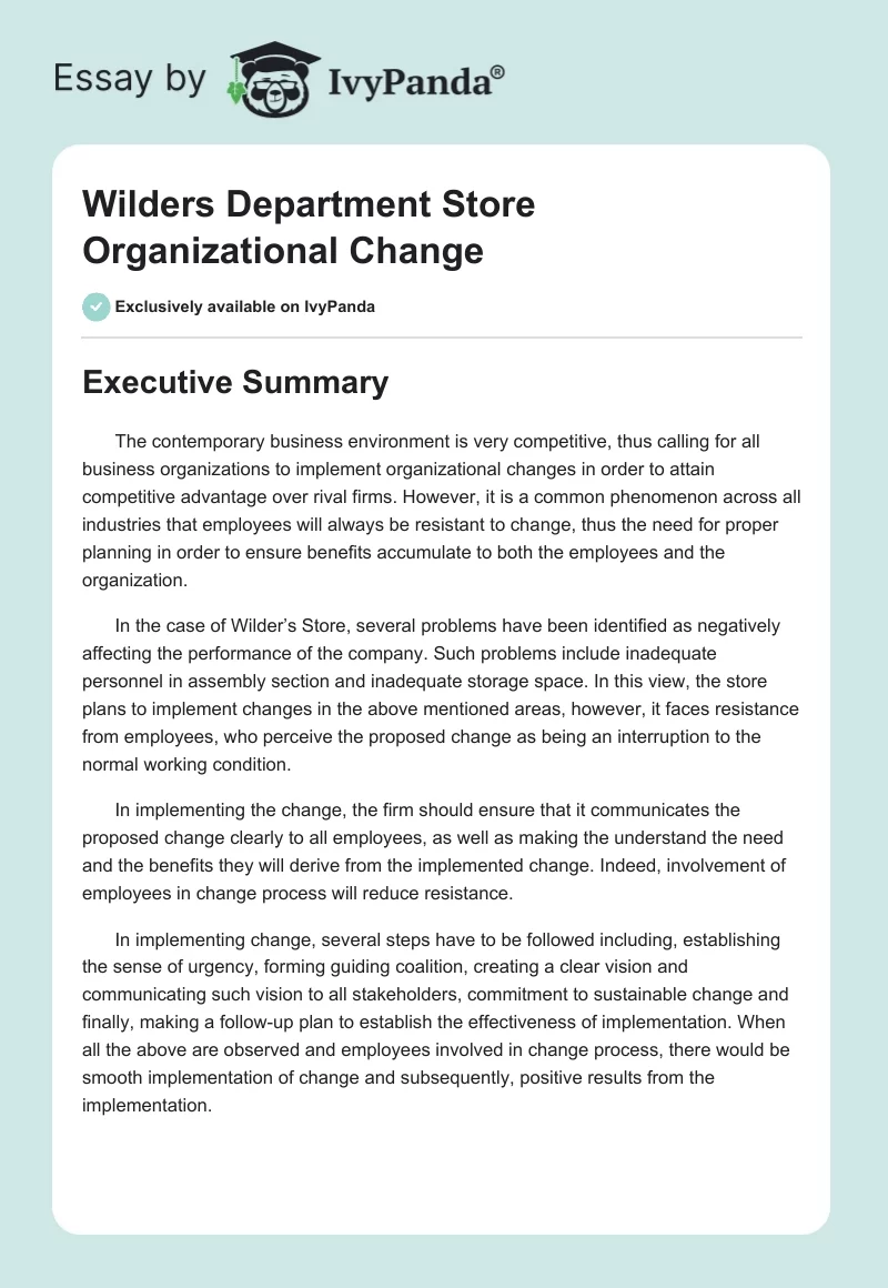 Wilders Department Store Organizational Change. Page 1