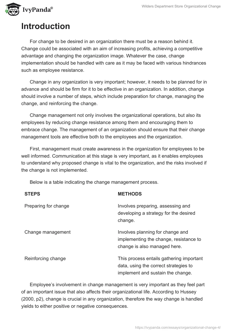 Wilders Department Store Organizational Change. Page 2