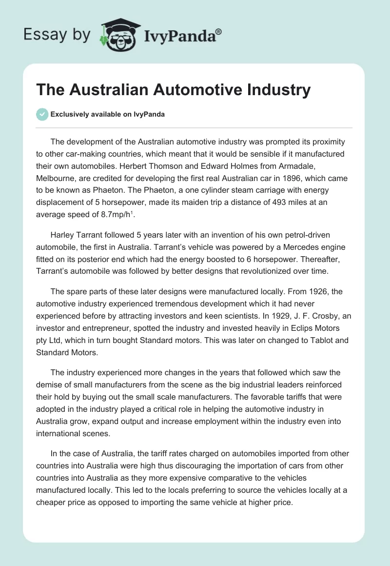 The Australian Automotive Industry. Page 1