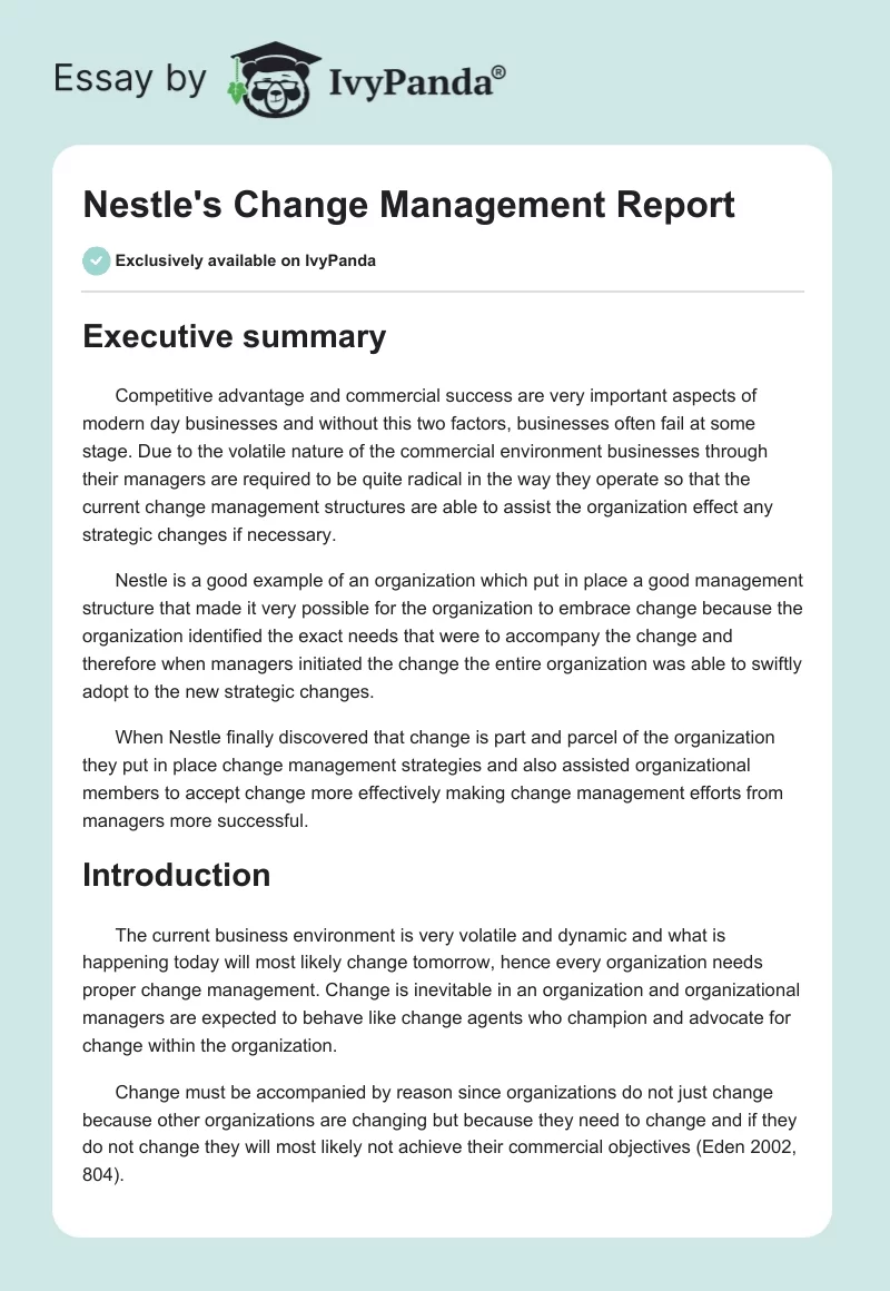 Nestle's Change Management Report. Page 1