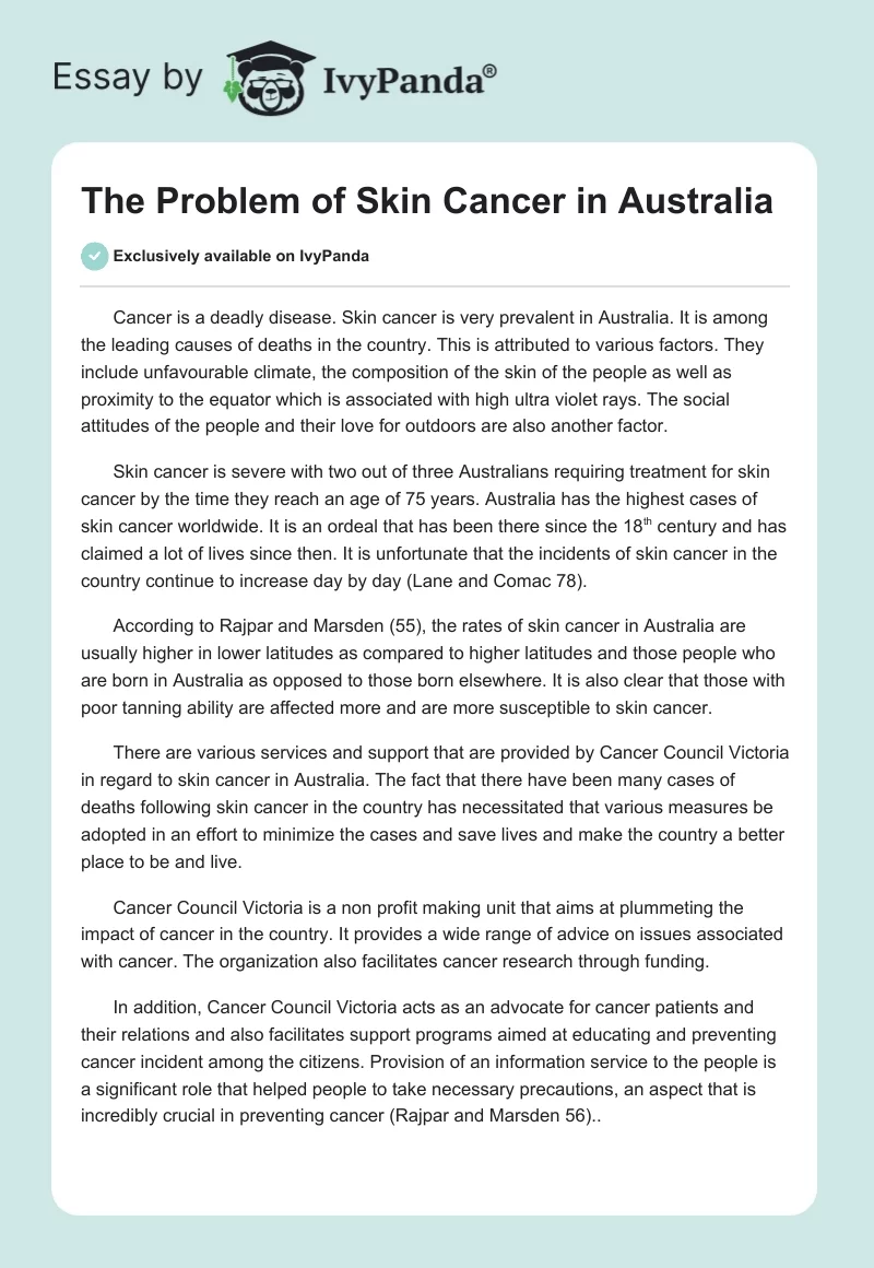 The Problem of Skin Cancer in Australia. Page 1