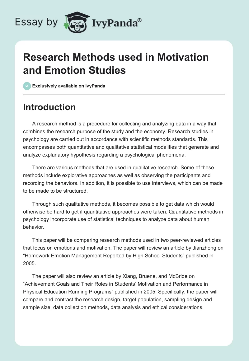 Research Methods Used in Motivation and Emotion Studies. Page 1