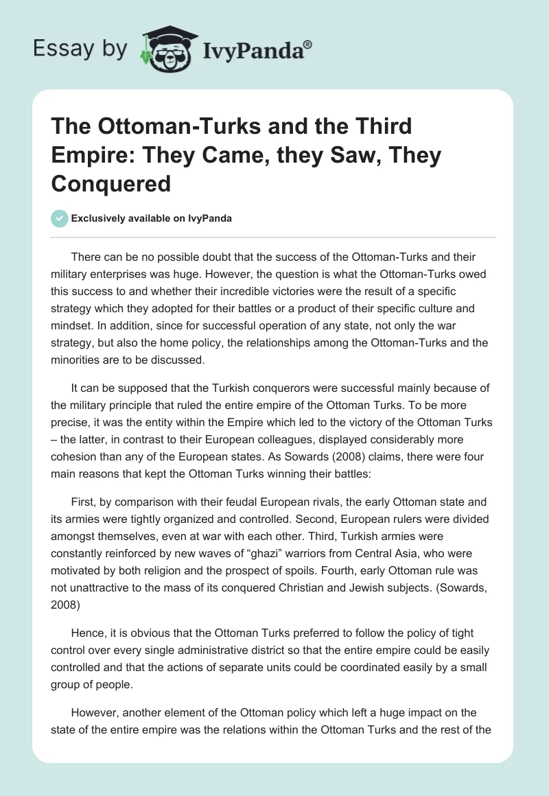 The Ottoman-Turks and the Third Empire: They Came, they Saw, They Conquered. Page 1