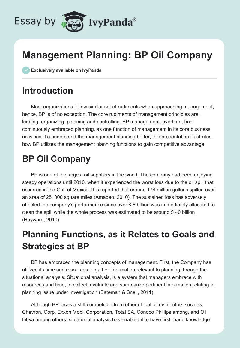 Management Planning: BP Oil Company. Page 1