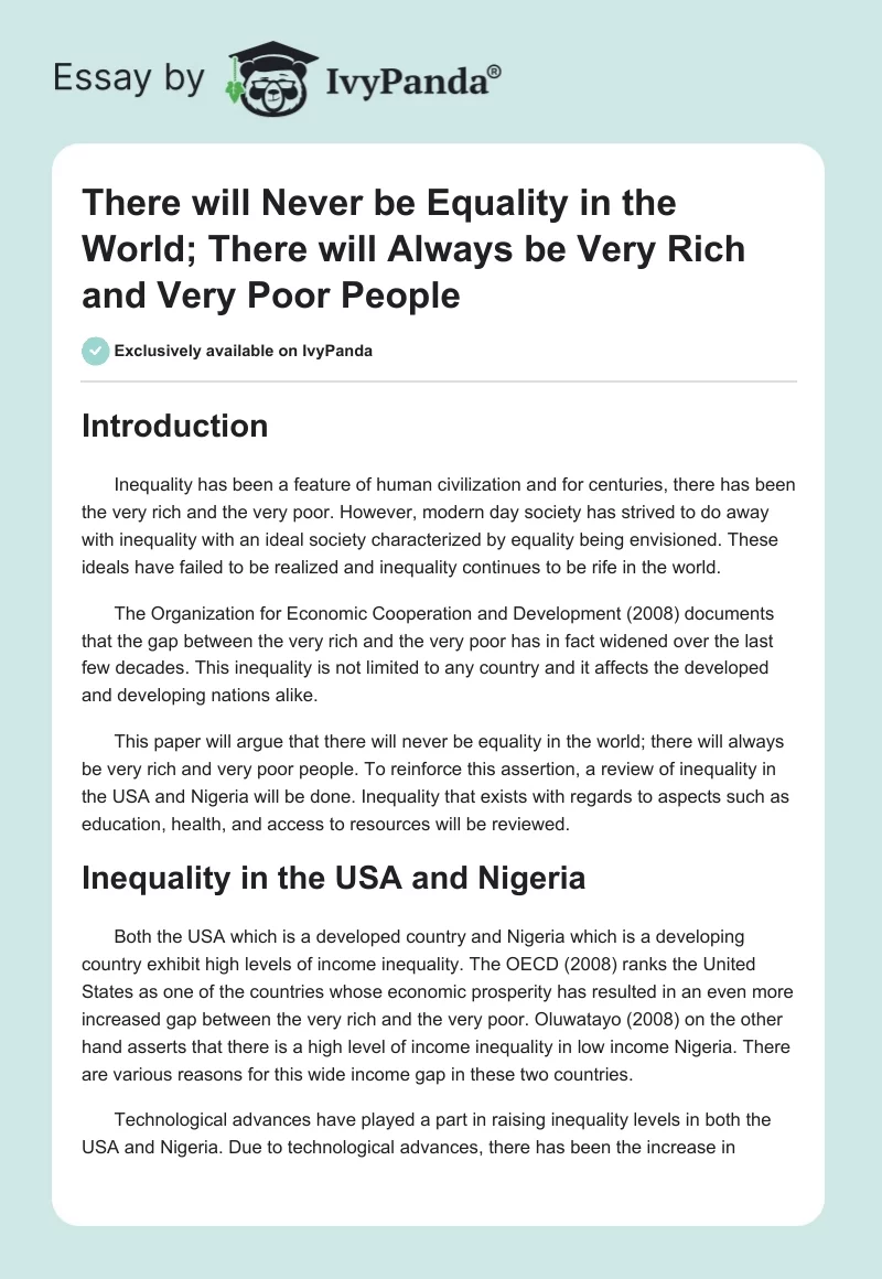There Will Never Be Equality in the World; There Will Always Be Very Rich and Very Poor People. Page 1