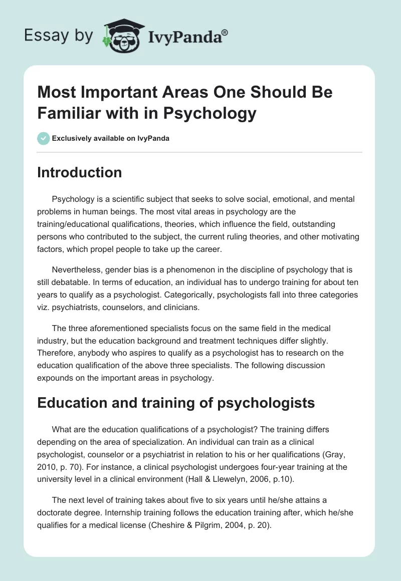 Most Important Areas One Should Be Familiar with in Psychology. Page 1