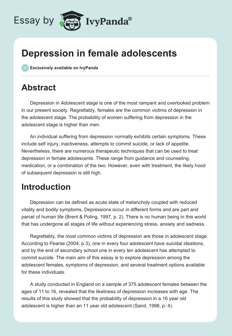 Depression in female adolescents. Page 1