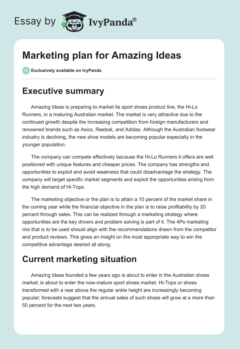 Marketing plan for Amazing Ideas. Page 1