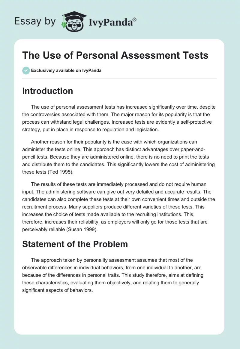 The Use of Personal Assessment Tests. Page 1