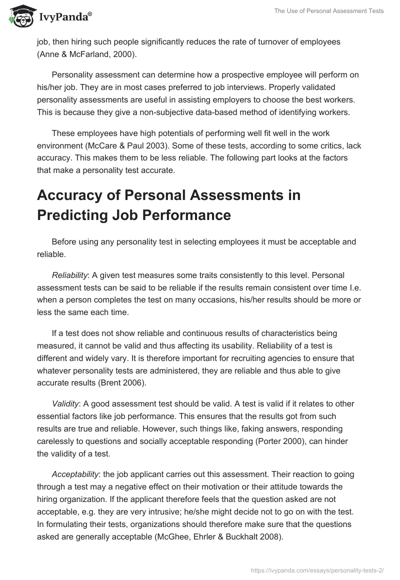 The Use of Personal Assessment Tests. Page 4