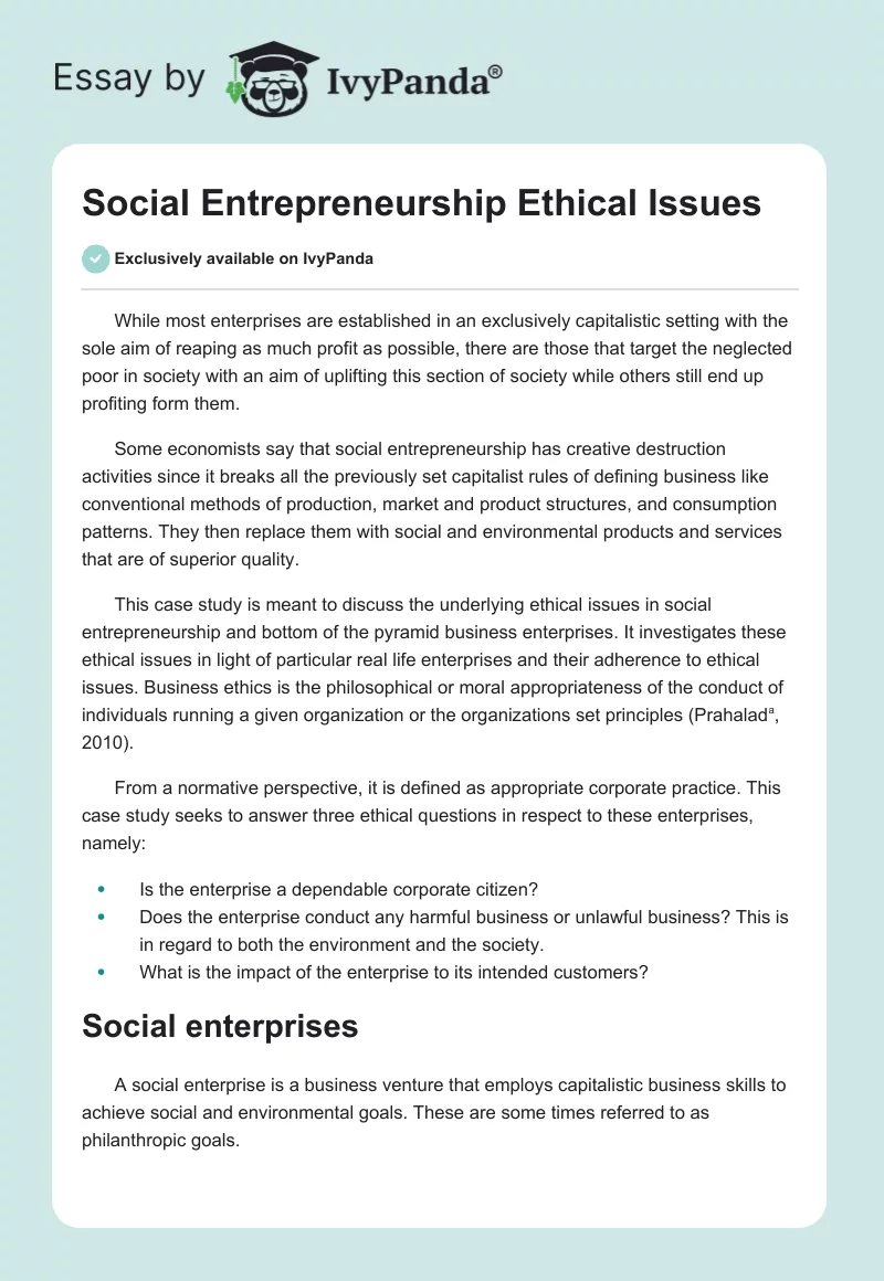 Social Entrepreneurship Ethical Issues. Page 1