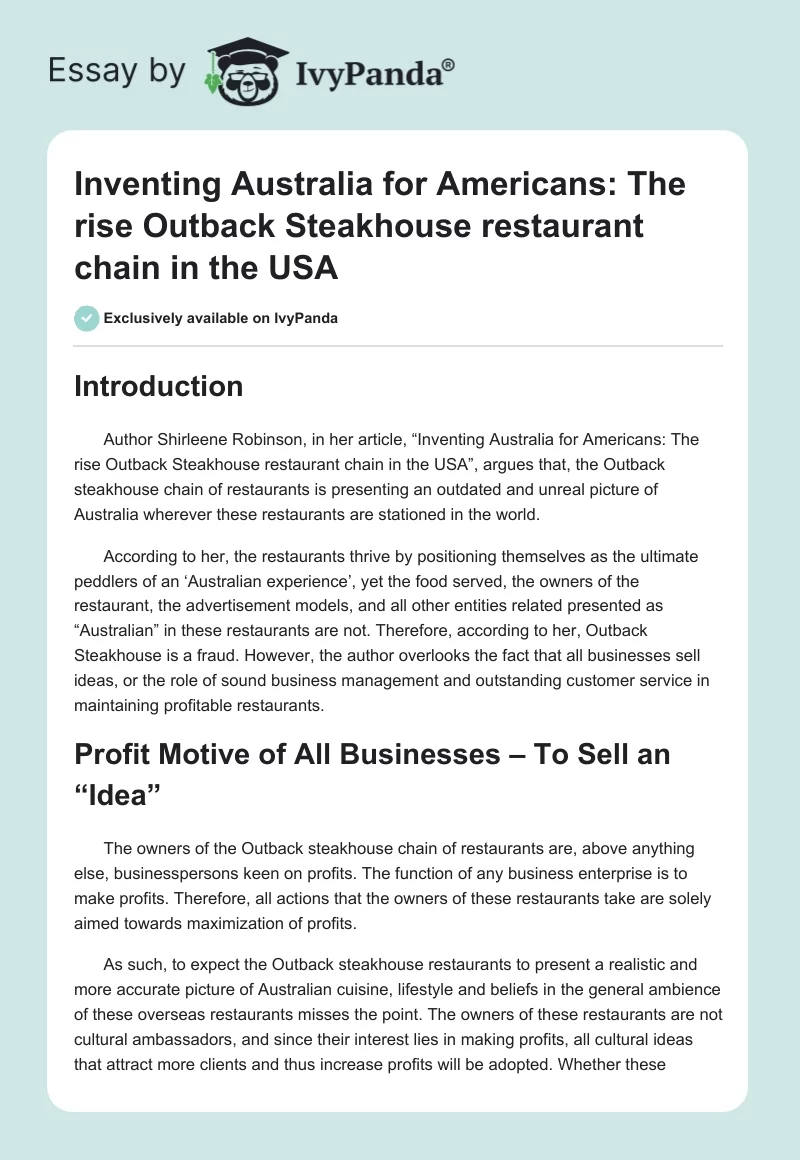Inventing Australia for Americans: The rise Outback Steakhouse restaurant chain in the USA. Page 1
