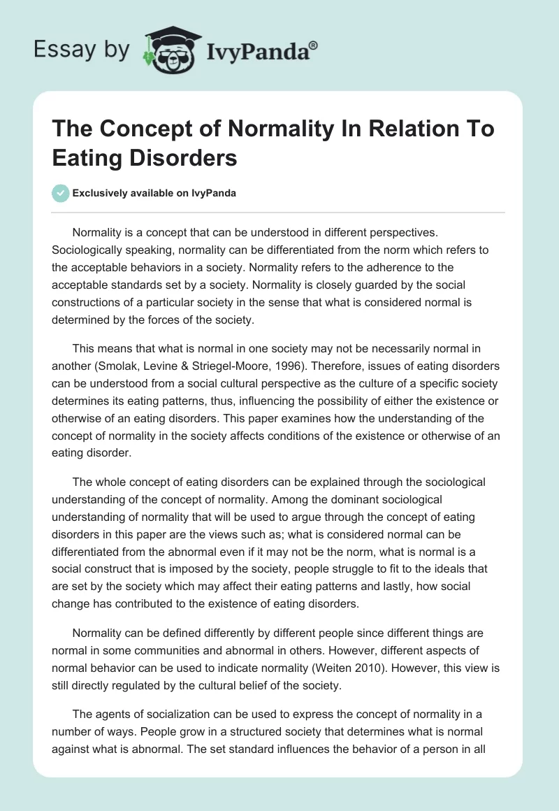 The Concept of Normality In Relation To Eating Disorders. Page 1