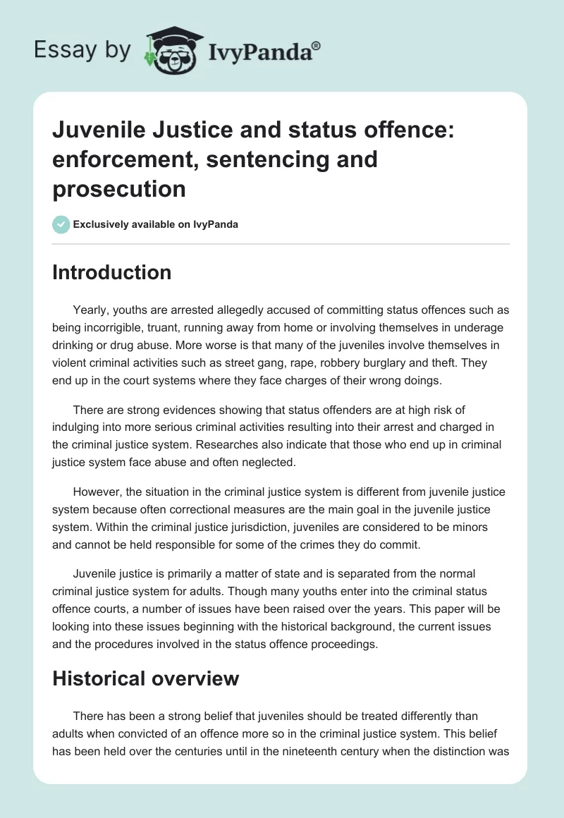 Juvenile Justice and status offence: enforcement, sentencing and prosecution. Page 1