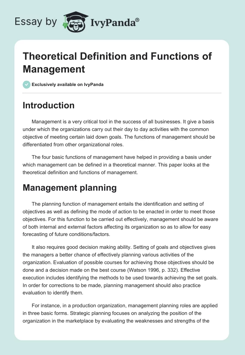 Theoretical Definition and Functions of Management. Page 1