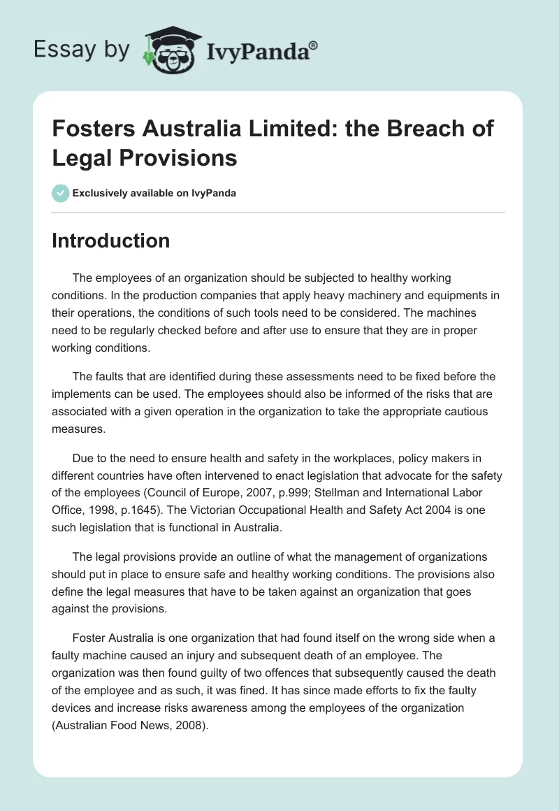 Fosters Australia Limited: the Breach of Legal Provisions. Page 1