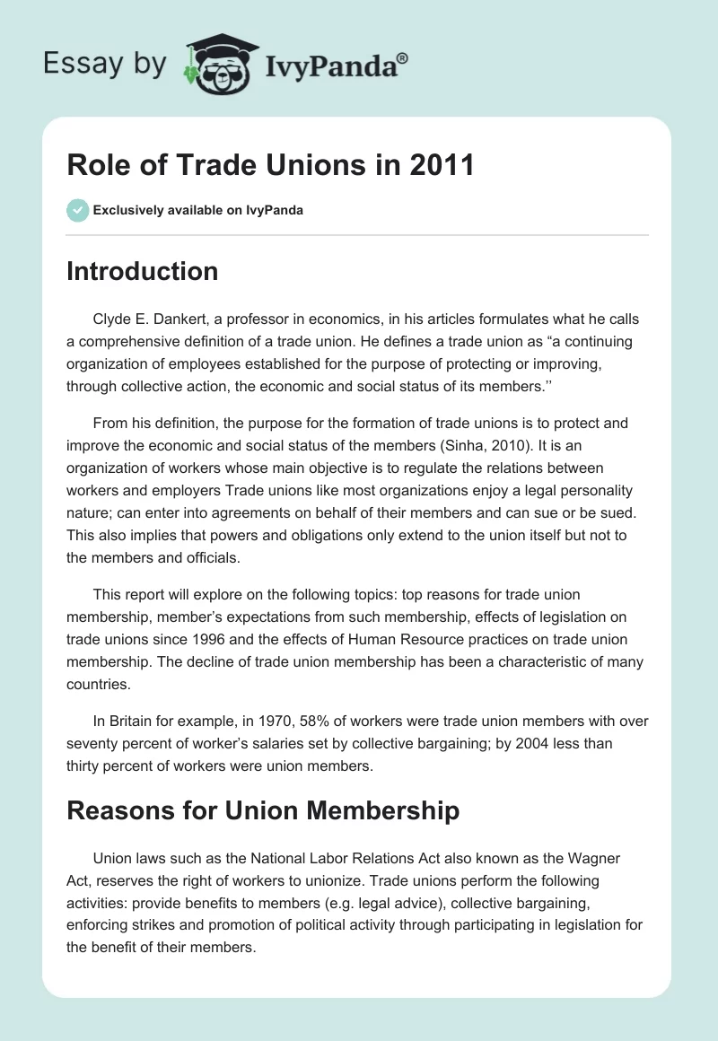 Role of Trade Unions in 2011. Page 1