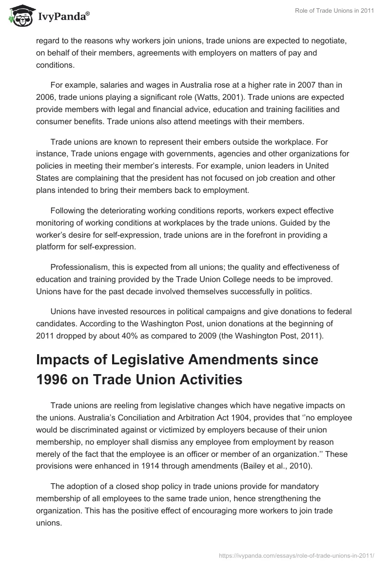The Role of Trade Unions in 2011 - 483 Words