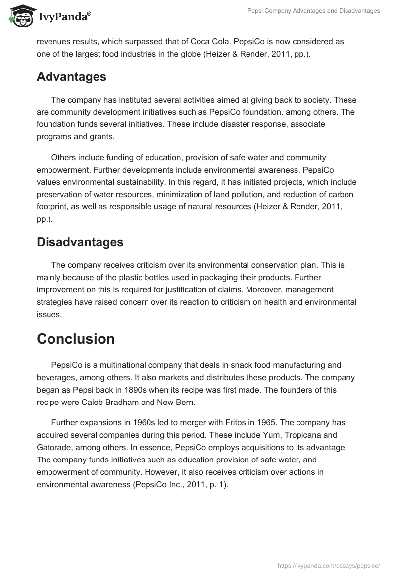 Pepsi Company Advantages and Disadvantages. Page 2