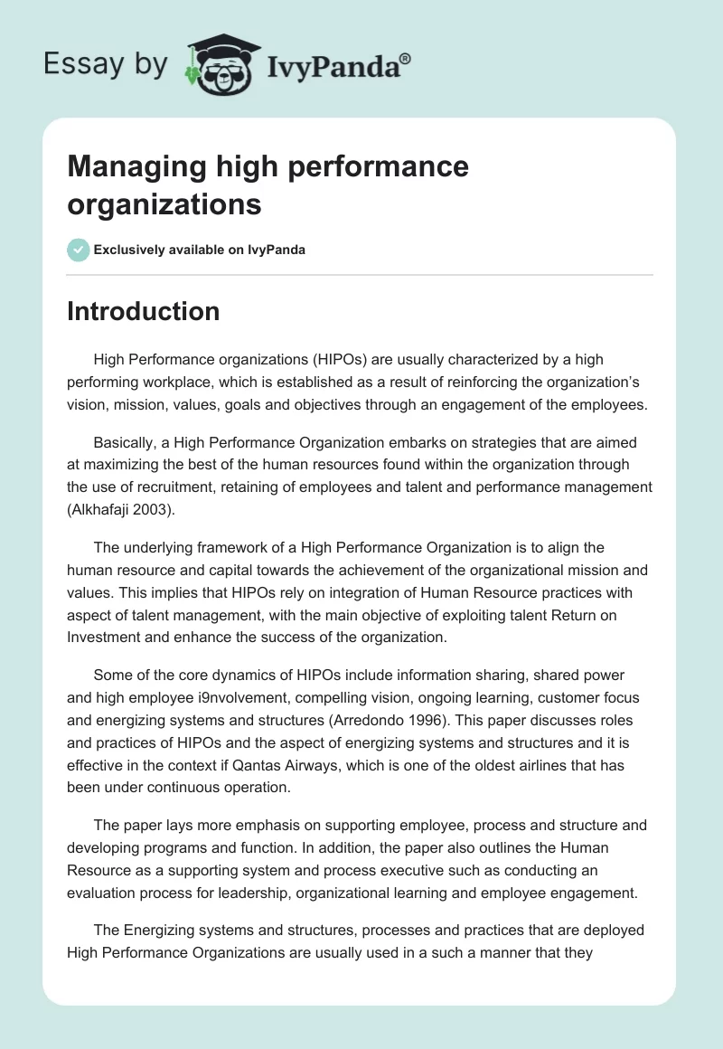 Managing High Performance Organizations. Page 1