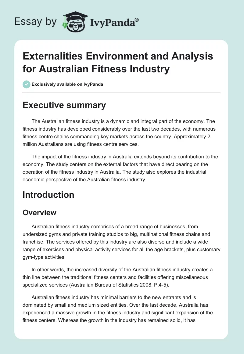 Externalities Environment and Analysis for Australian Fitness Industry. Page 1