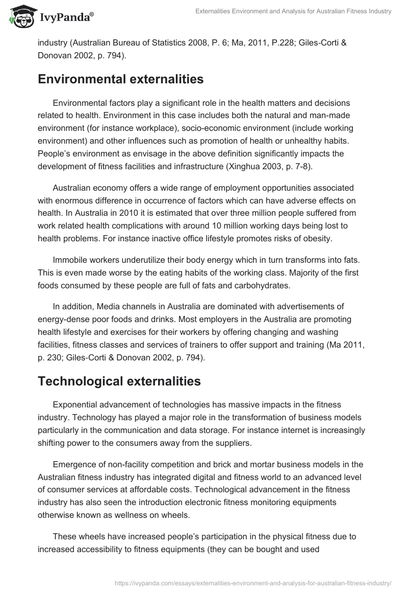 Externalities Environment and Analysis for Australian Fitness Industry. Page 4