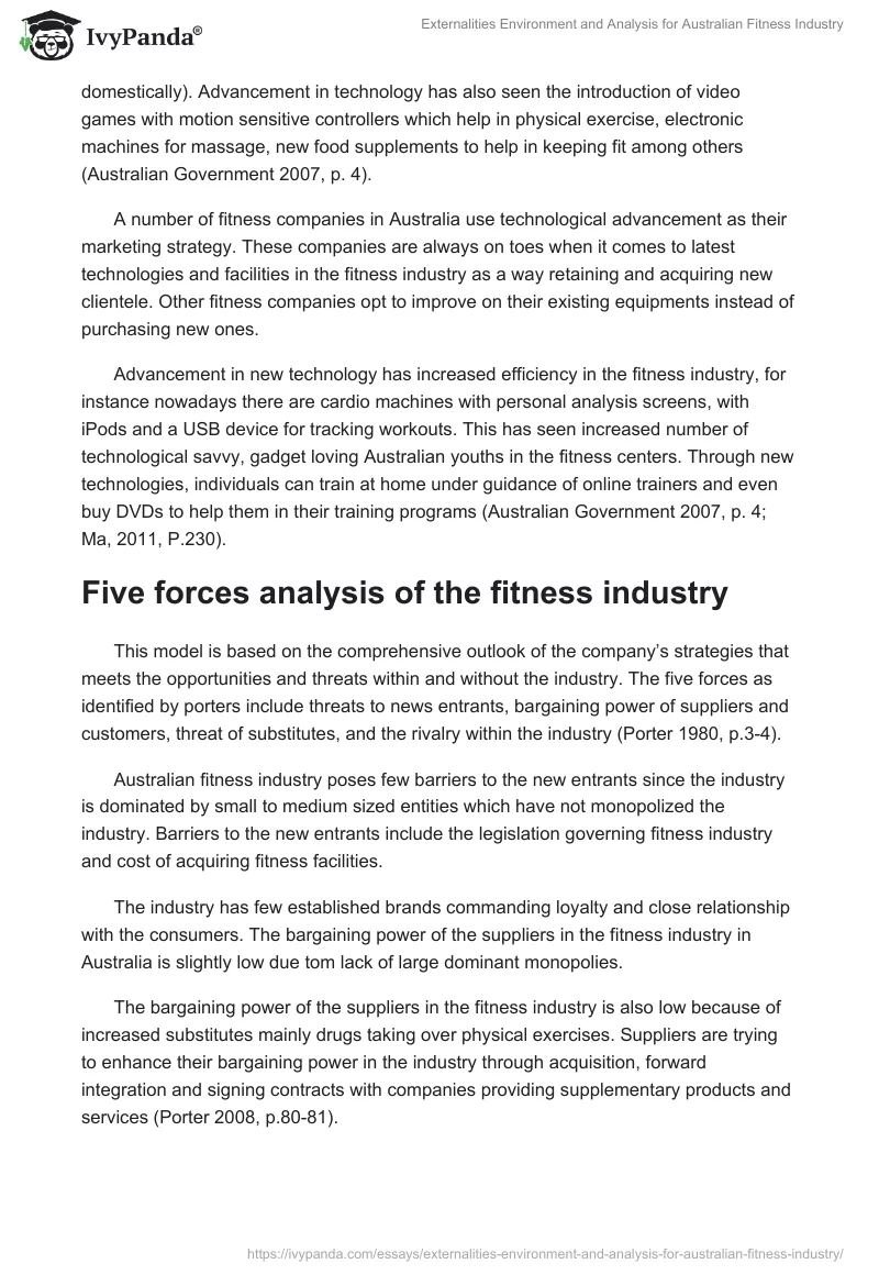 Externalities Environment and Analysis for Australian Fitness Industry. Page 5