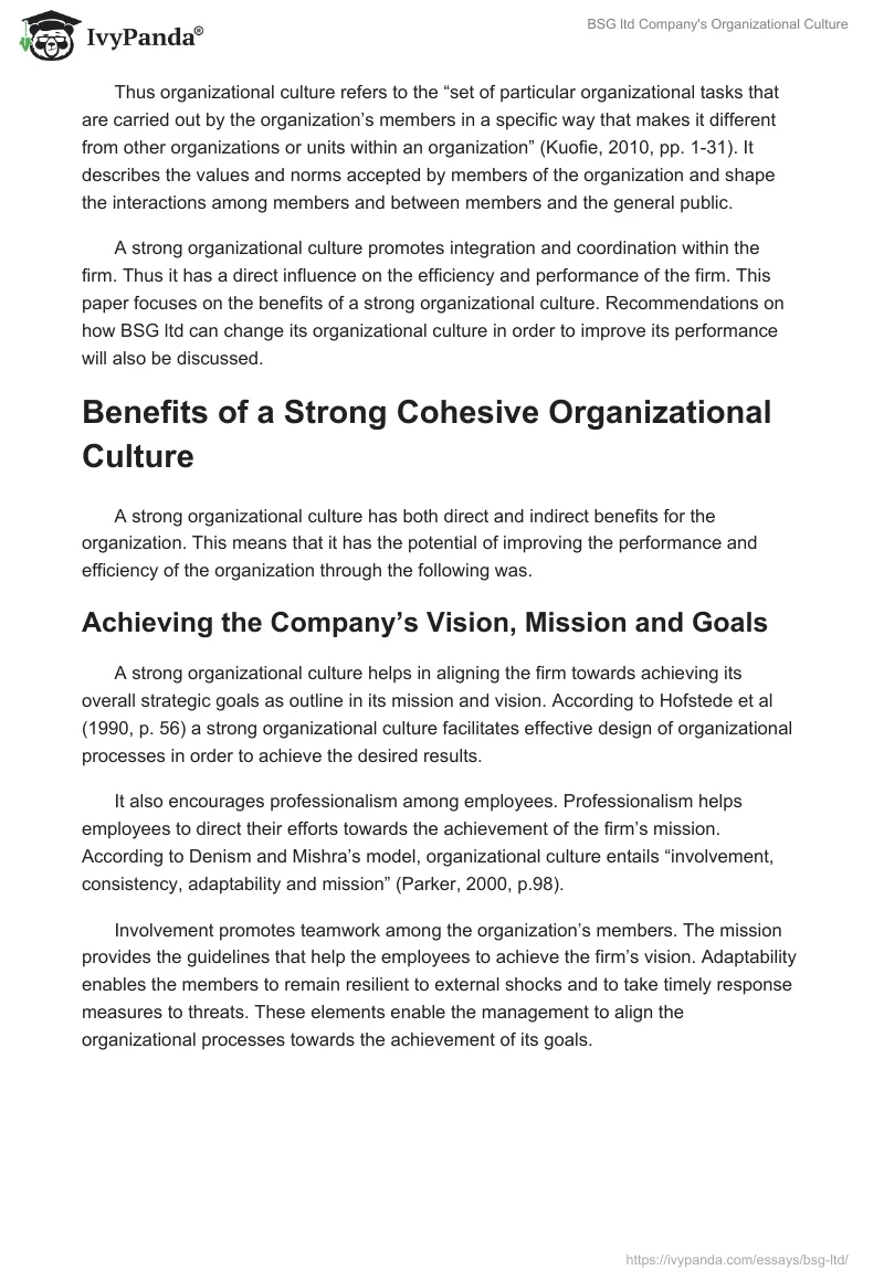 BSG ltd Company's Organizational Culture. Page 2