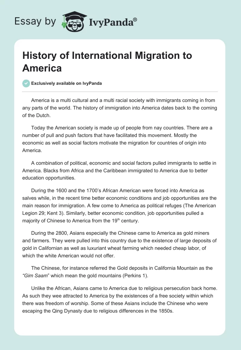 History of International Migration to America. Page 1