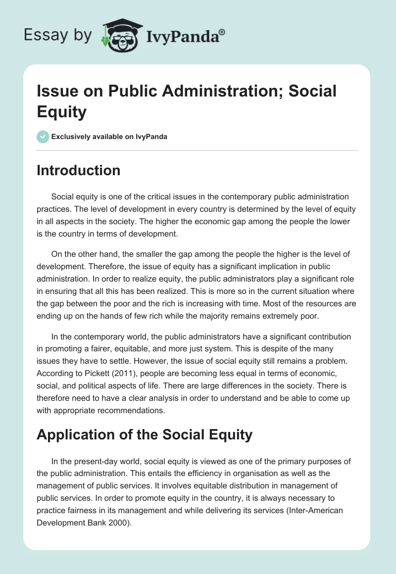 Issue on Public Administration; Social Equity. Page 1