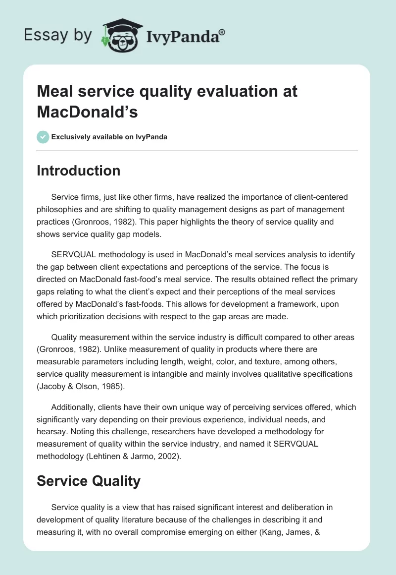 Meal service quality evaluation at MacDonald’s. Page 1