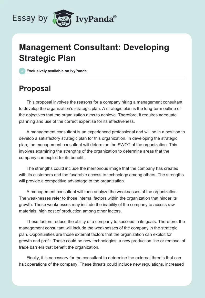Management Consultant: Developing Strategic Plan. Page 1