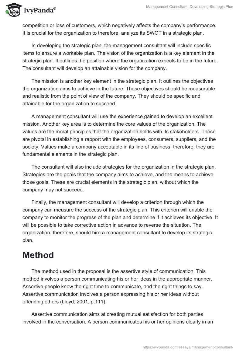 Management Consultant: Developing Strategic Plan. Page 2