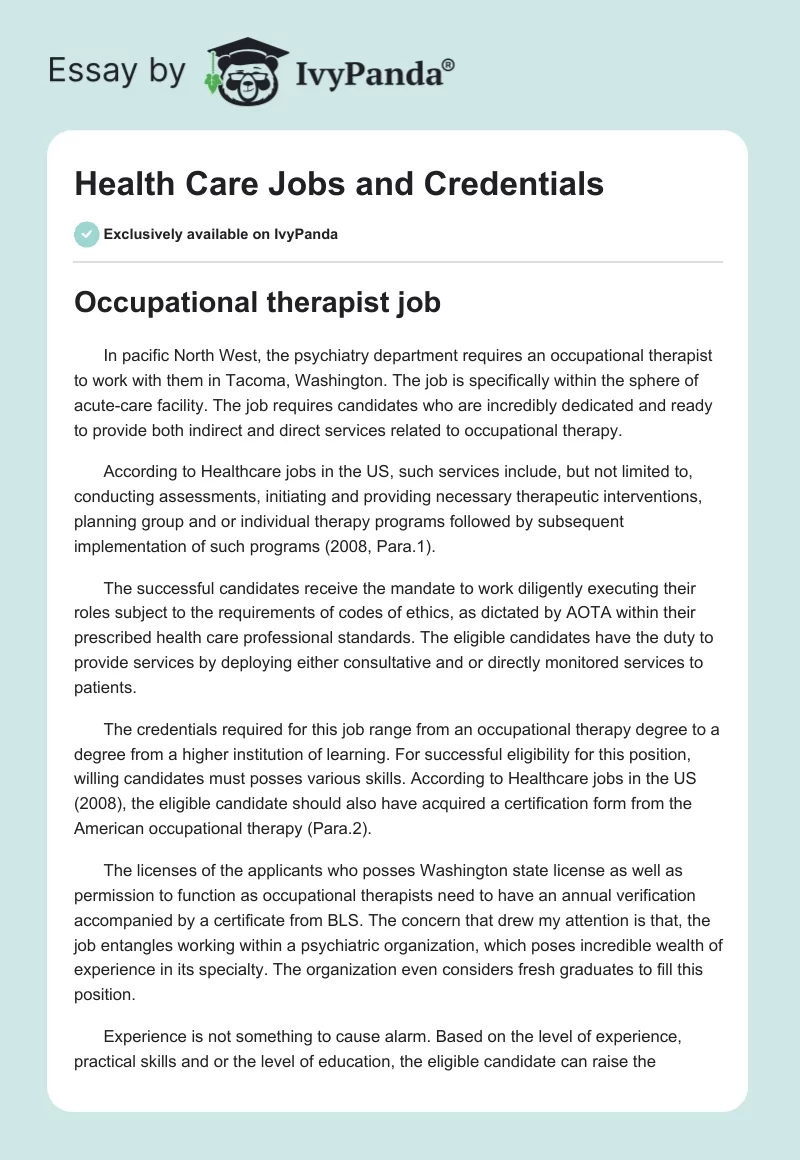 Health Care Jobs and Credentials. Page 1