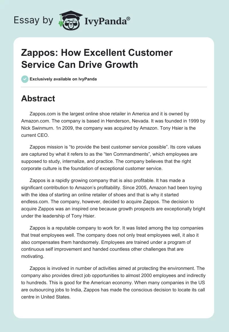 Zappos: How Excellent Customer Service Can Drive Growth. Page 1