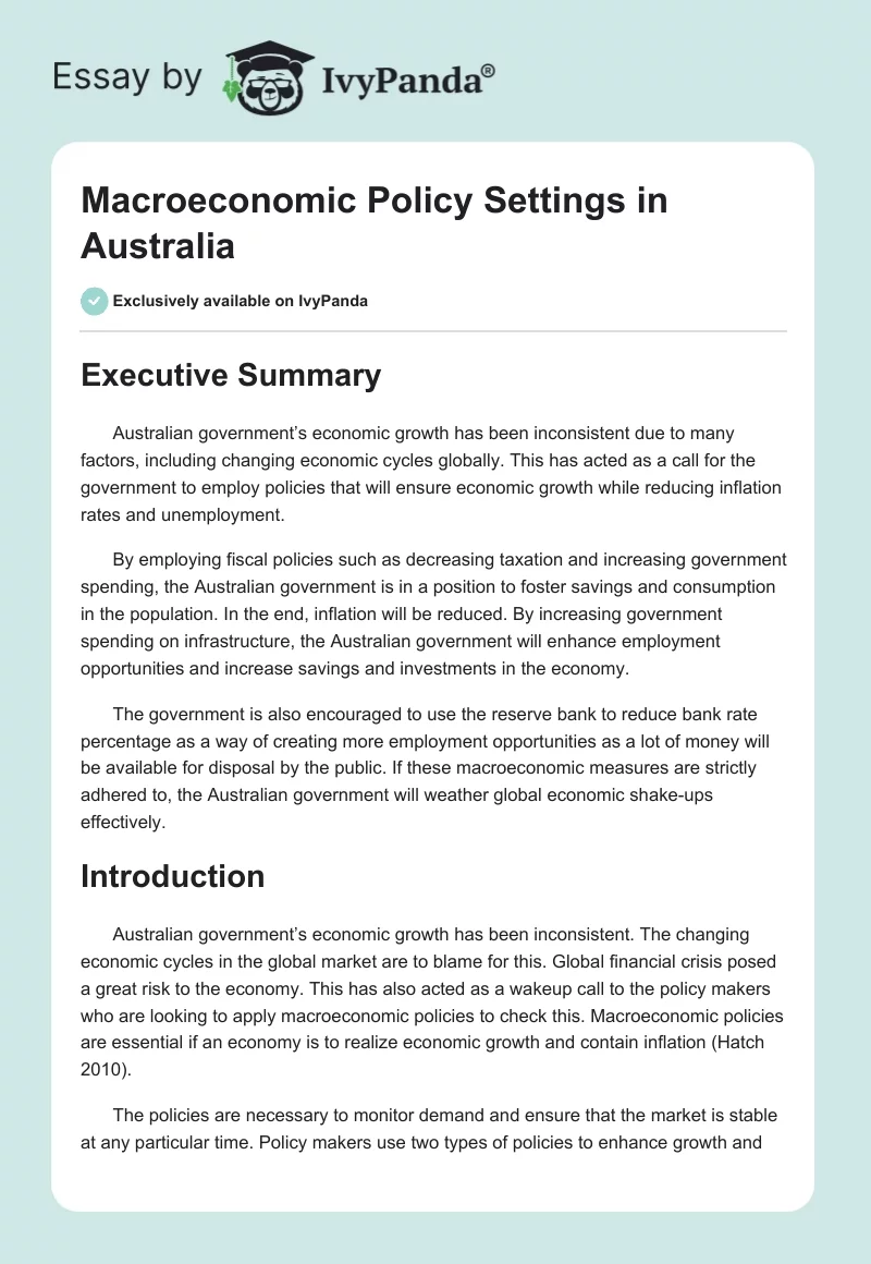 Macroeconomic Policy Settings in Australia. Page 1
