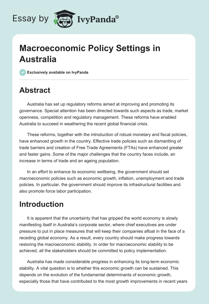 Macroeconomic Policy Settings in Australia. Page 1