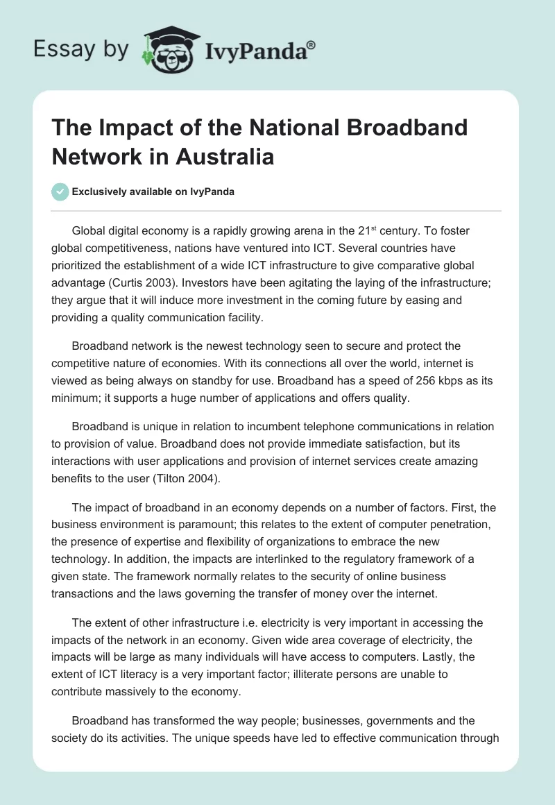 The Impact of the National Broadband Network in Australia. Page 1