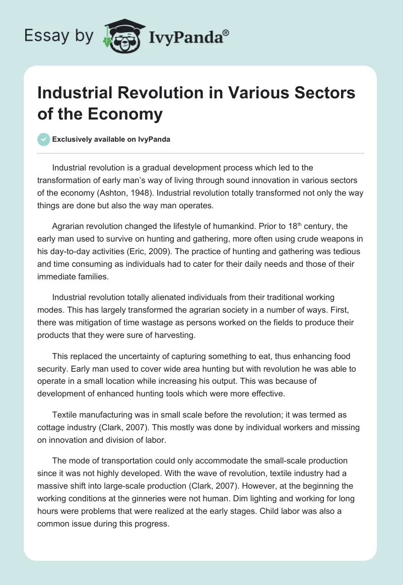 Industrial Revolution in Various Sectors of the Economy. Page 1