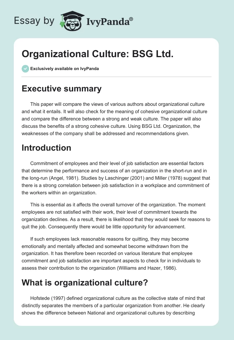 Organizational Culture: BSG Ltd.. Page 1