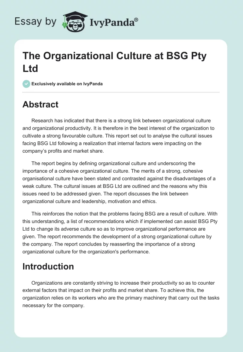 The Organizational Culture at BSG Pty Ltd. Page 1