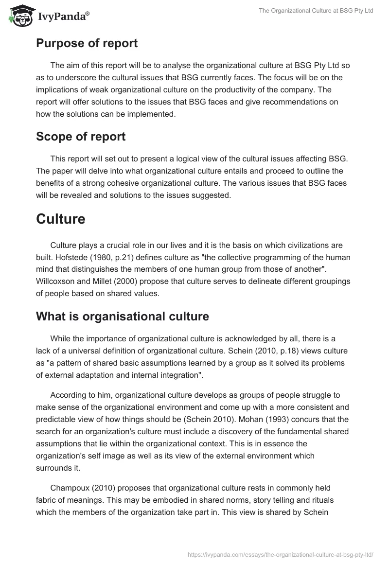 The Organizational Culture at BSG Pty Ltd. Page 2