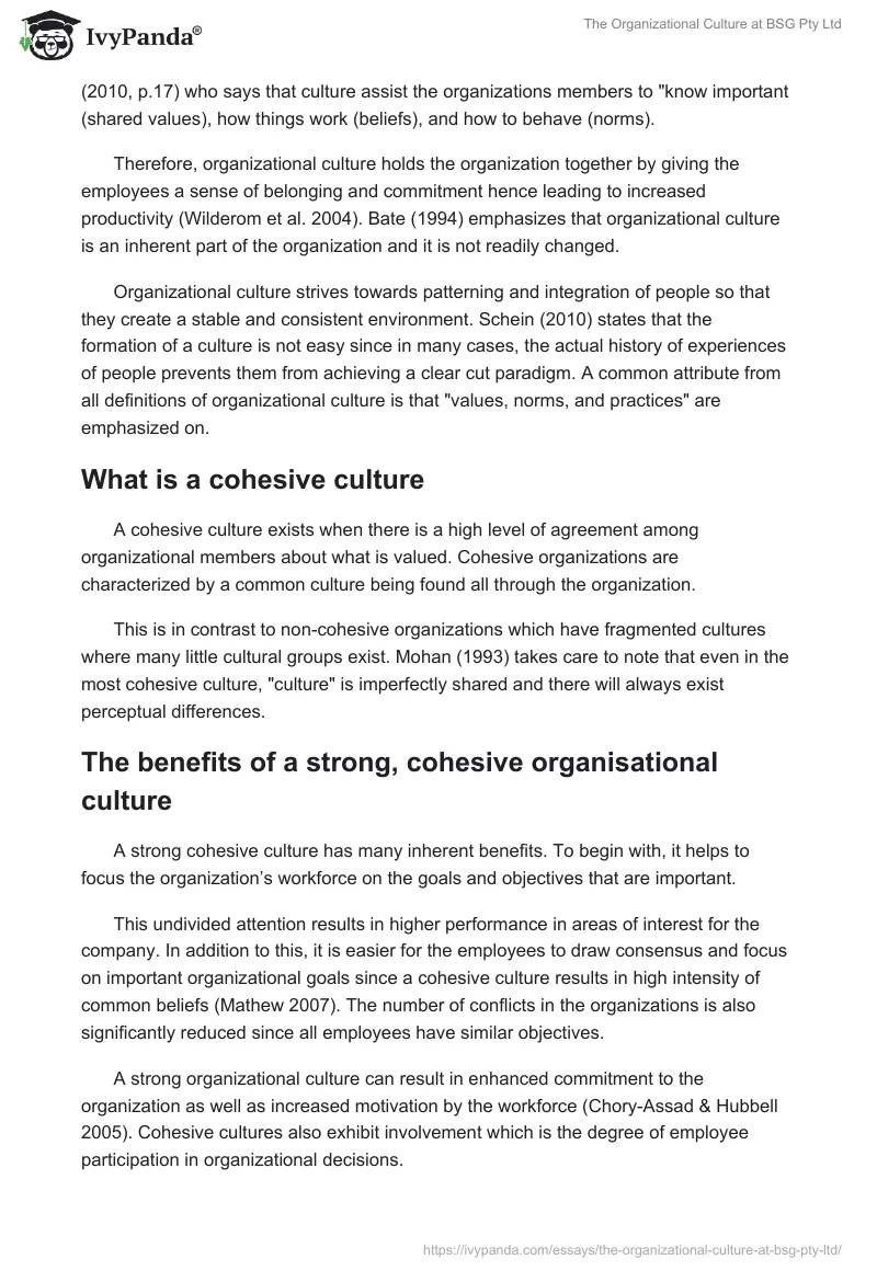 The Organizational Culture at BSG Pty Ltd. Page 3