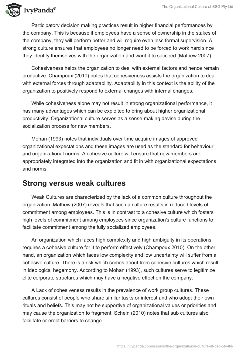 The Organizational Culture at BSG Pty Ltd. Page 4