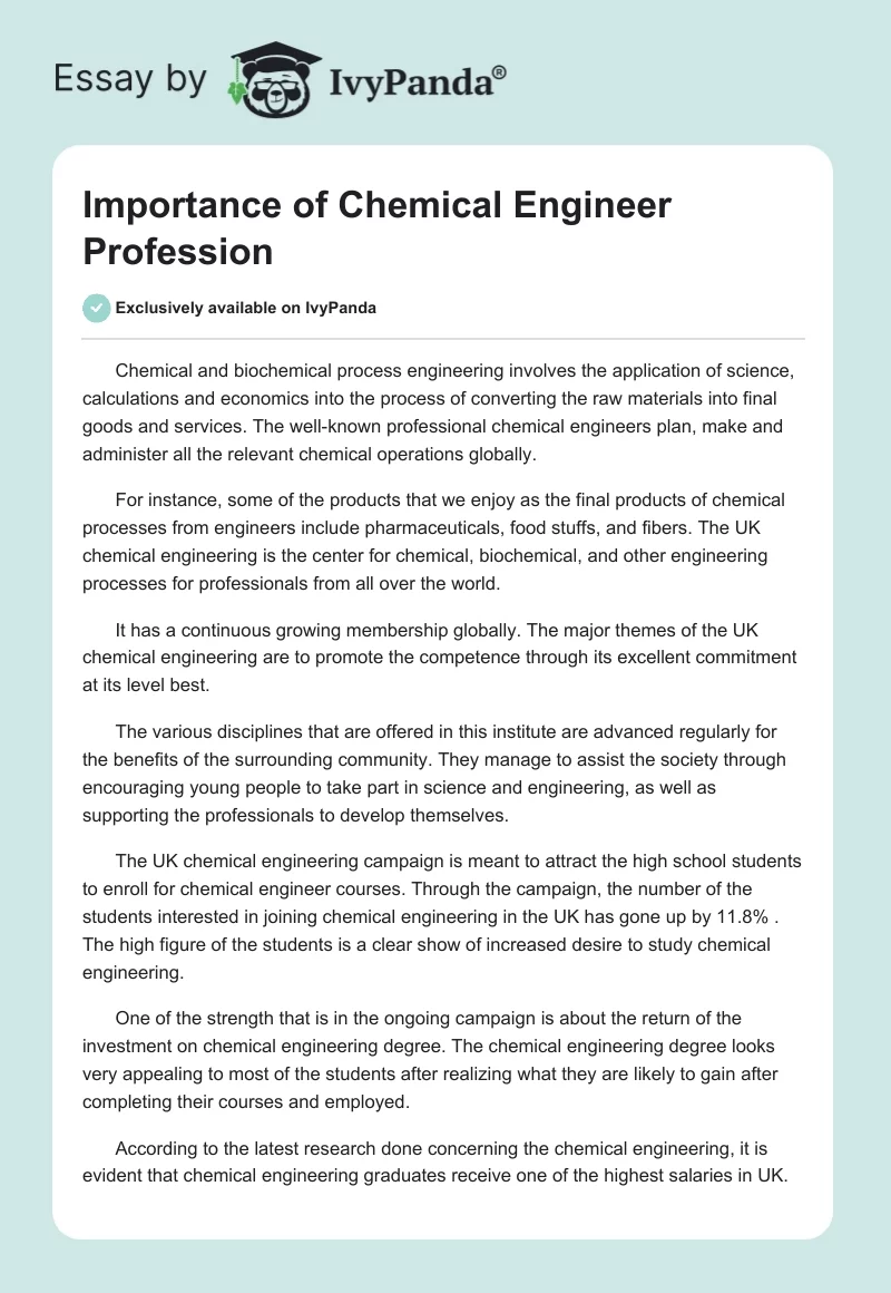 Importance of Chemical Engineer Profession. Page 1