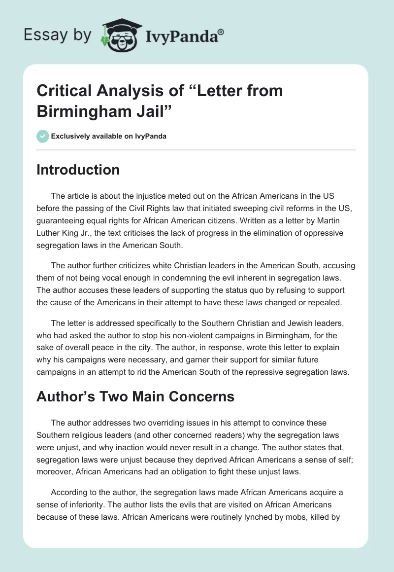 Critical Analysis of “Letter From Birmingham Jail”. Page 1
