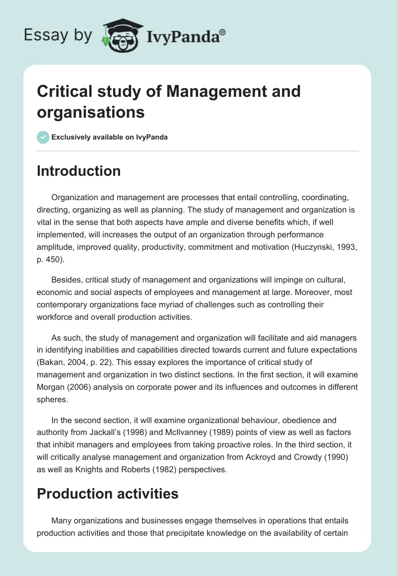 Critical study of Management and organisations. Page 1
