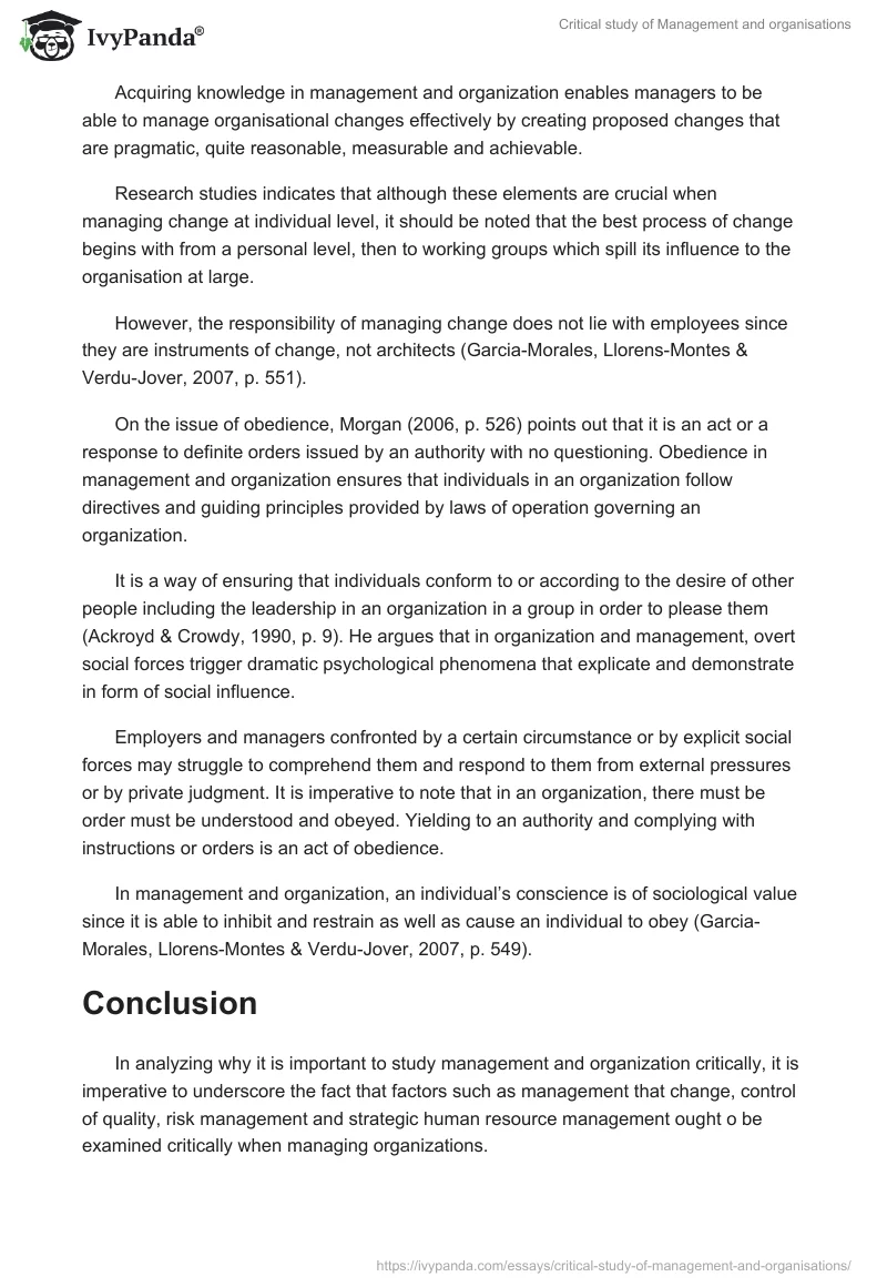 Critical study of Management and organisations. Page 5