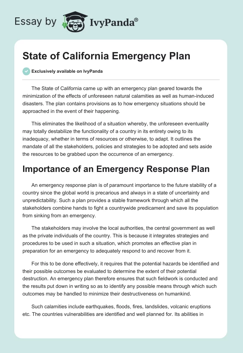 State of California Emergency Plan. Page 1