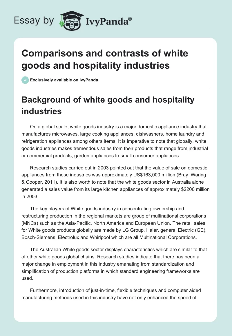Comparisons and contrasts of white goods and hospitality industries. Page 1